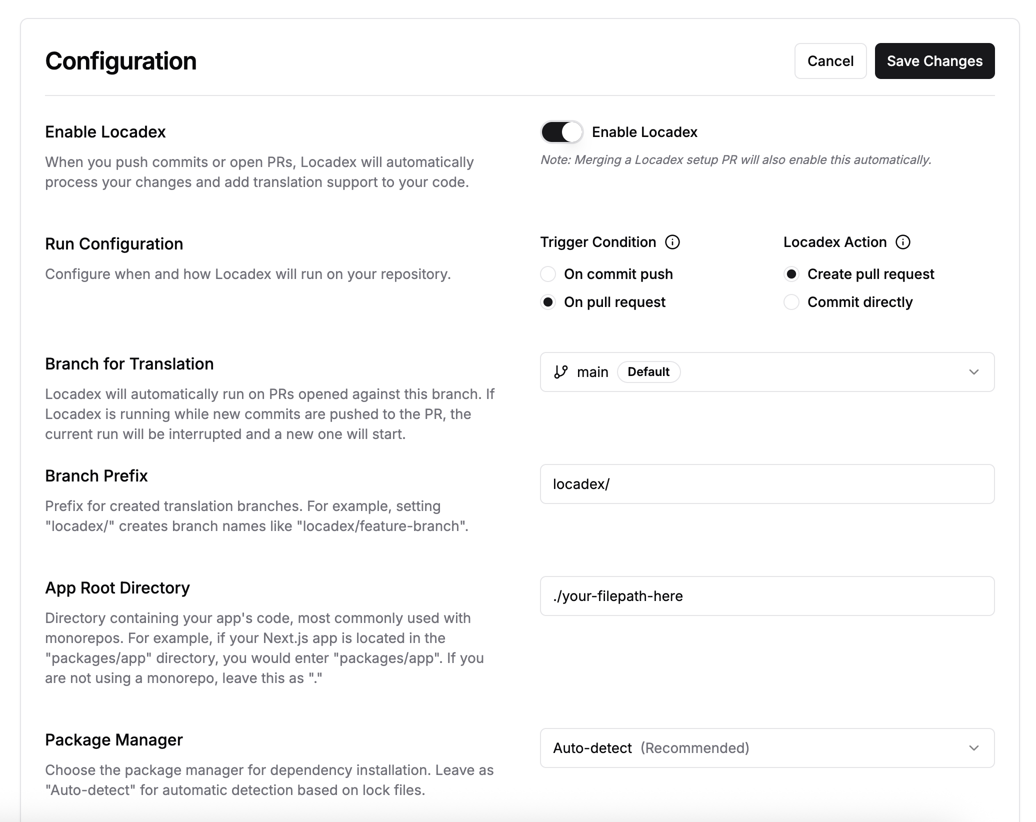 Locadex config panel