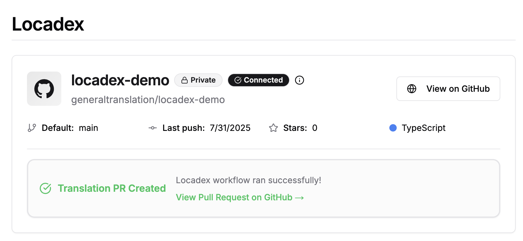 Locadex GitHub connection panel