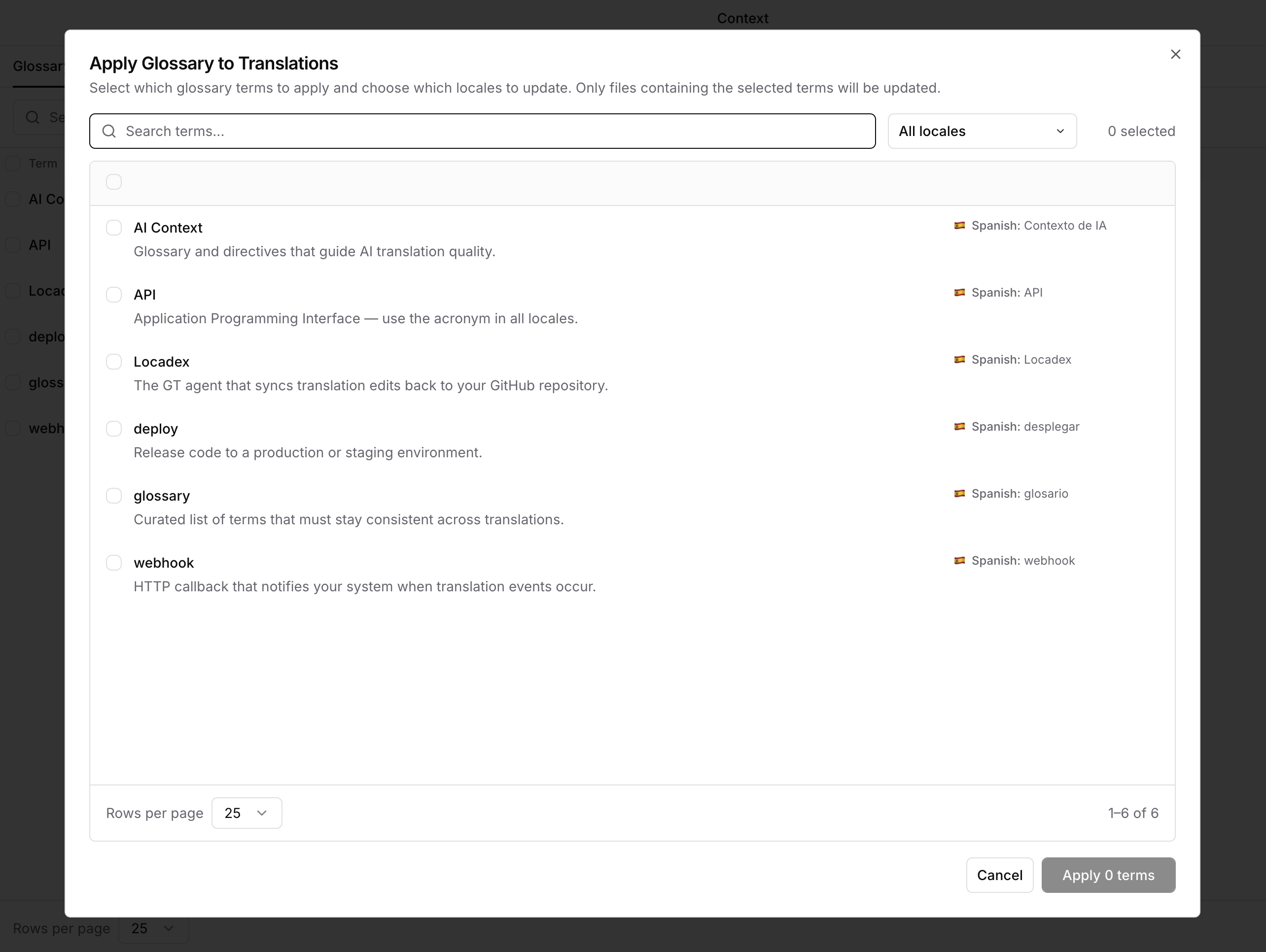 Screenshot: Apply Glossary Dialog