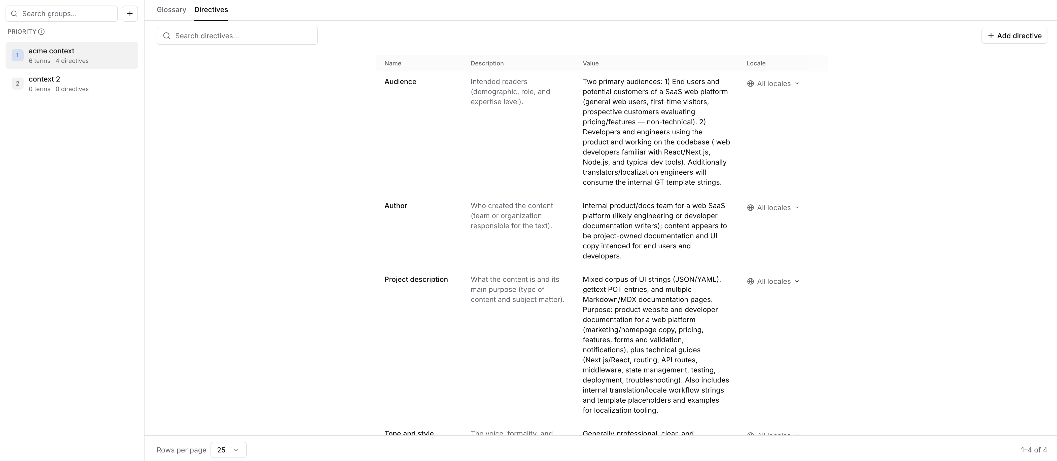 Screenshot: Directives editor with global and locale-specific instructions