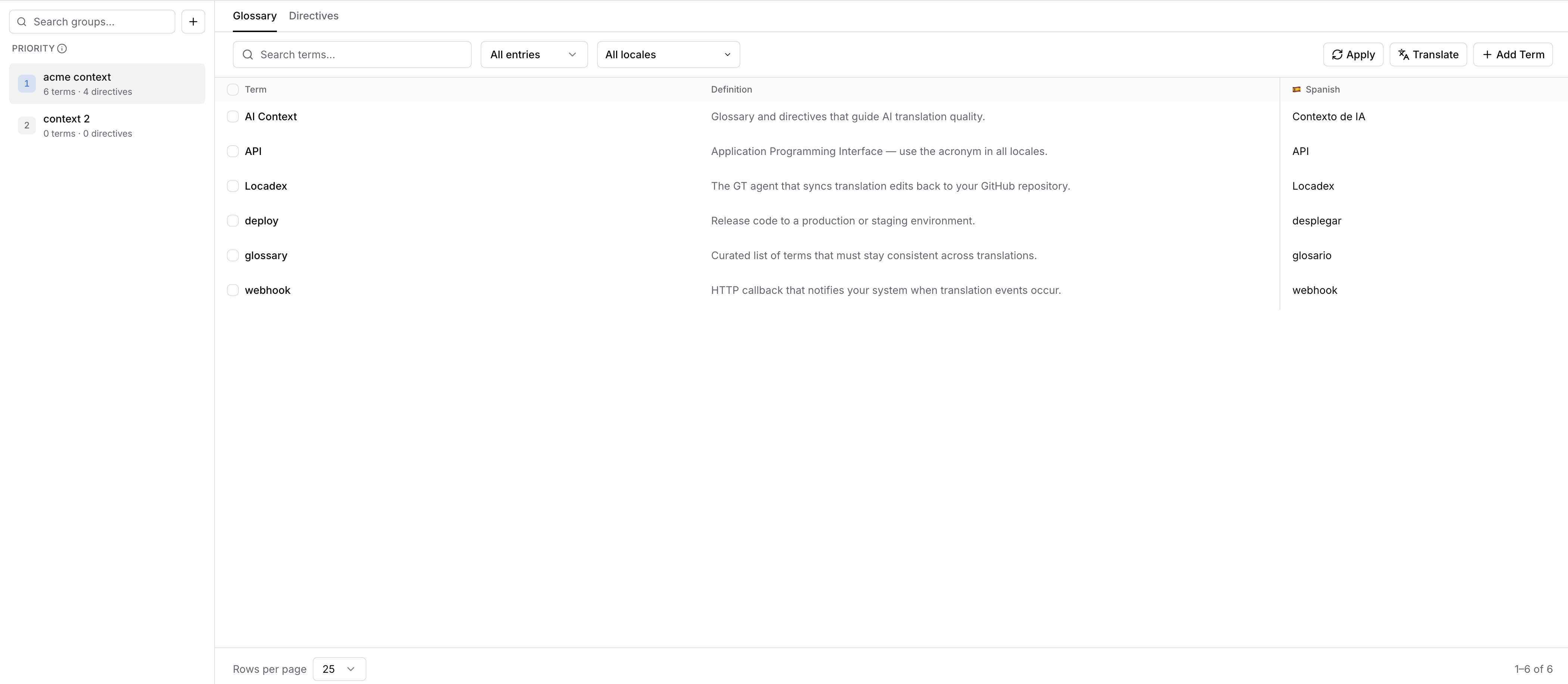 Screenshot: Glossary editor with terms, definitions, and locale columns