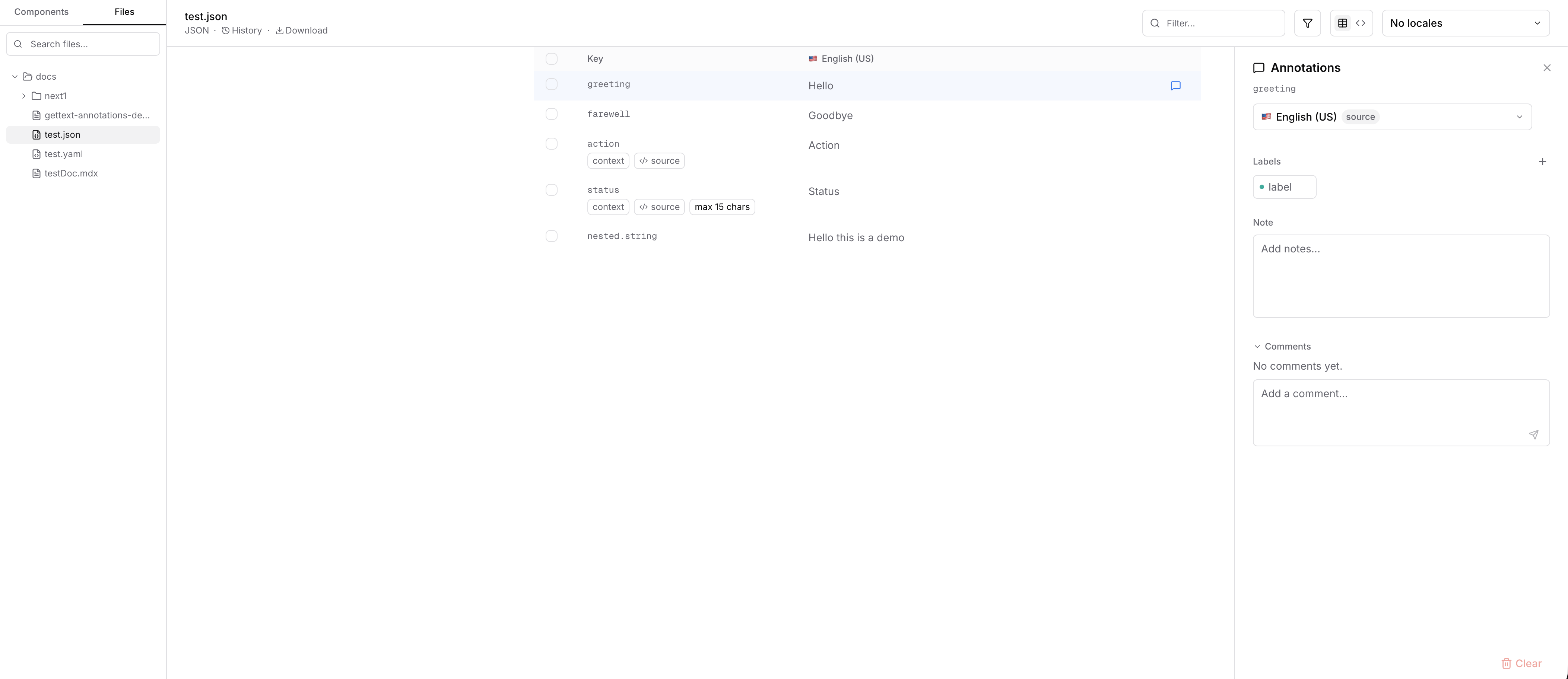 Screenshot: Annotations panel with labels, notes, and comments