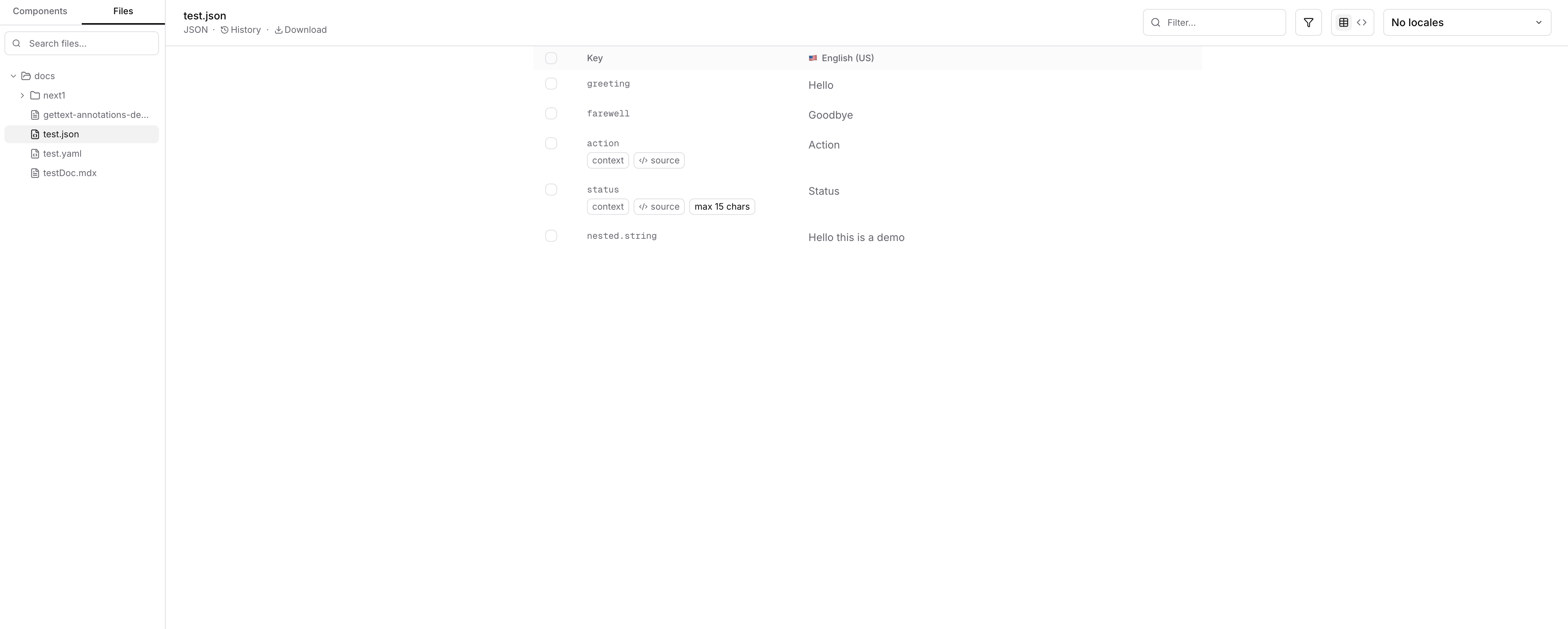 Screenshot: Files tab with keyed JSON translations